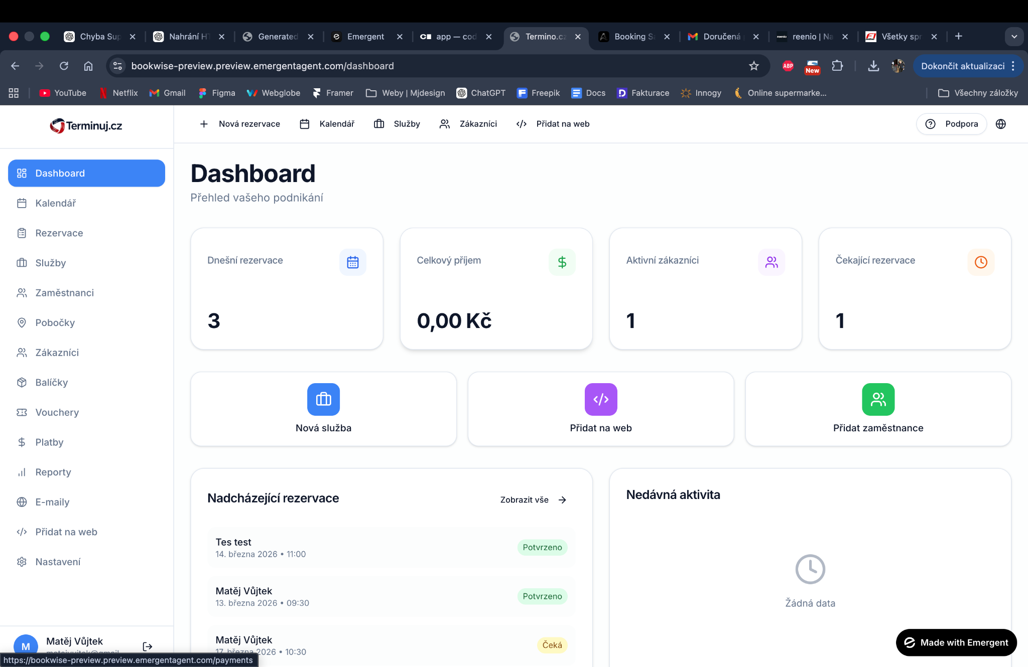Ukázka dashboardu Terminuj.cz